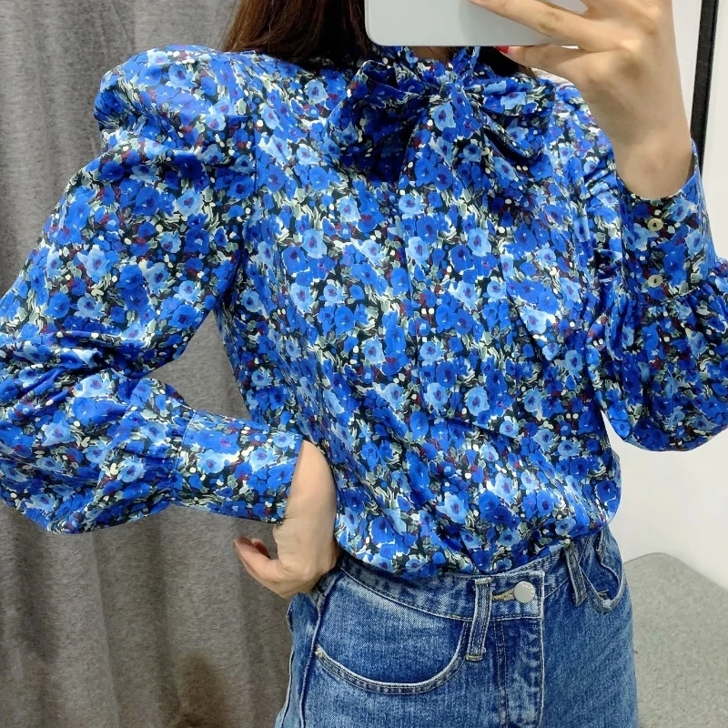  2020 Englan Style Women bow collar floral print casual smock blouse shirts women puff sleeve chic c