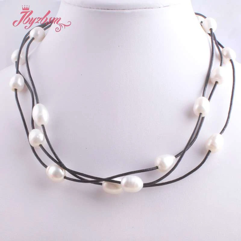 10-12mm Oval Freshwater Pearl Natural Stone Beads For Christmas New Year Gift Jewelry Leather Necklace Lobster Clasp 16