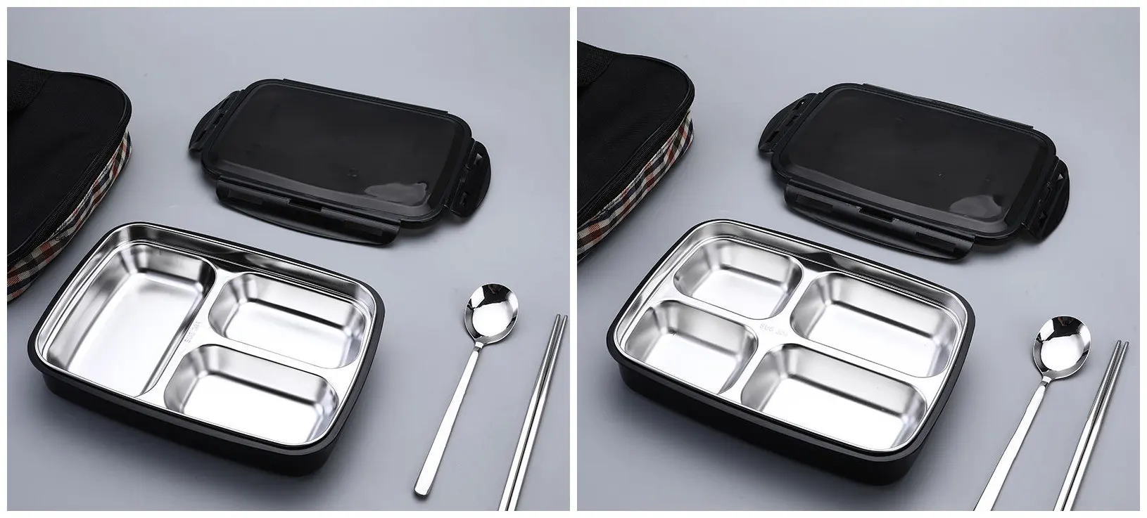 3/4 решетки 304 Нержавеющая Сталь Bento коробка переносная коробка для ланча контейнер для еды для пикника школы работы - Цвет: Черный