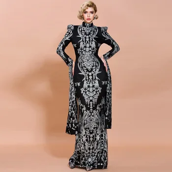 

Evening Party Dress Top Quality Long SLeeve Elegant Shining Wedding Banquet Women Dress Long Plus Size XS-XL