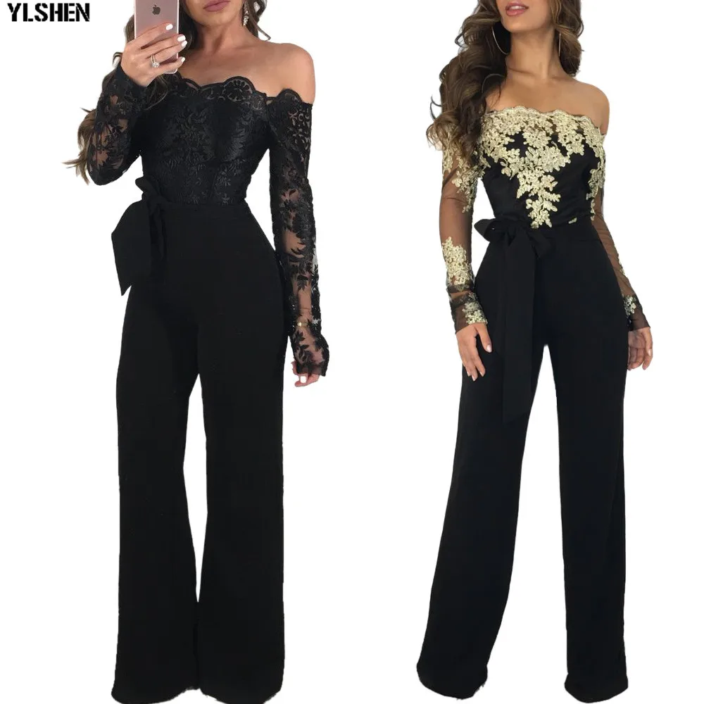 Women Jumpsuit Sexy Lace Ladies Jumpsuits Party Casual Wide Leg Overalls Off Shoulder Long Sleeve Romper Skinny Rompers Trousers 12
