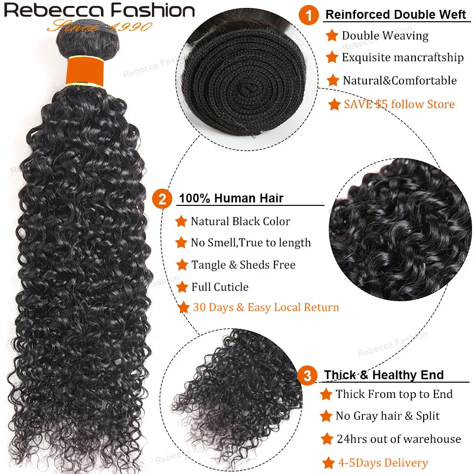 Rebecca Kinky Curly Hair 3 Bundles With Closure Remy Human Hair Curly Brazilian Hair Weave Human Bundles With Closure