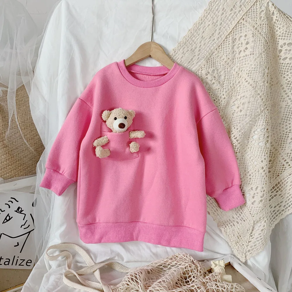 

2020 kids baby Girlâ€™s casaul outfits Cartoon Bear Patchwork solid Sweatshirt Autumn Winter Long-sleeved Fleece Pullover hoodie