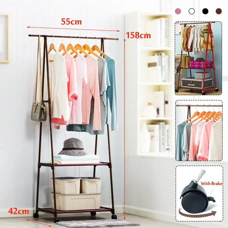 

4 Colorful Clothes Rack Floor Standing Clothes Hanging Storage Shelf Clothes Hanger Racks w/Wheel Simple Style Bedroom Furniture