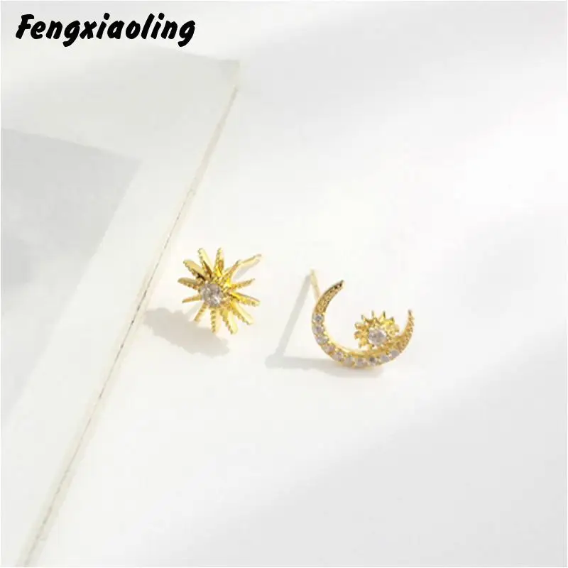 

Fengxiaoling 925 Sterling Silver Dazzling Cubic Zirconia Moon/sun Asymmetry Stud Earrings Silver For Women & Girls Jewelry