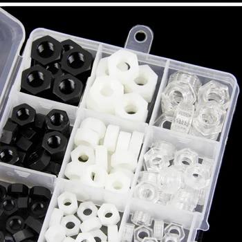 

free shipping one set 300pcs Nylon Plastic Black White Clear Acrylic Hex Nut Nut Set M3M4M5M6M8