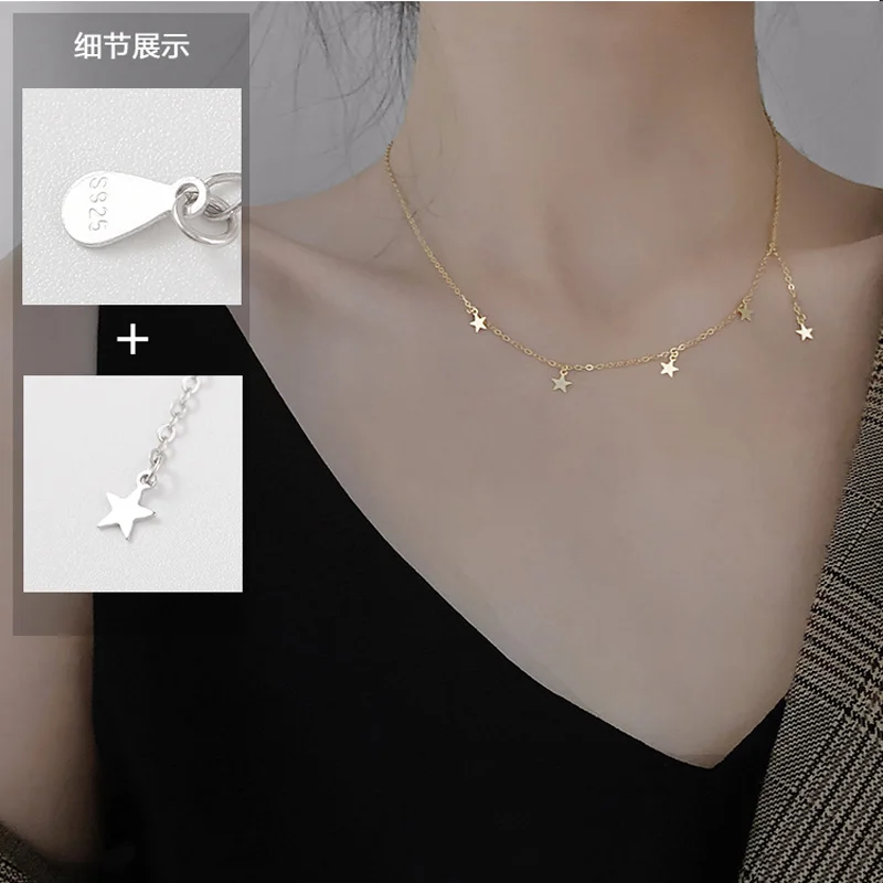 925 Sterling Silver Elegant Simple Multiple Stars Choker Necklace Gift For Girl Star Pendant Party Fine Accessories NK049