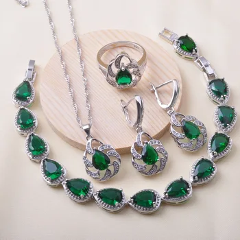 

2020 New For Women Jewelry Sets Bridal jewelry Silver Color Green Crystal Bracelet Earrings Ring Pendant Christmas Gift QS0628