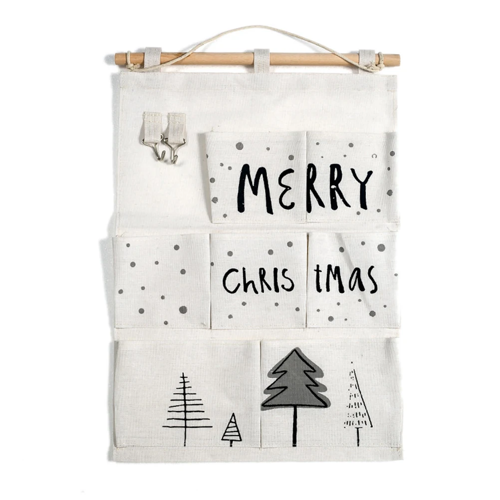 7 Pockets Wall Hanging Storage Bags Christmas Tree Printed Canvas Door