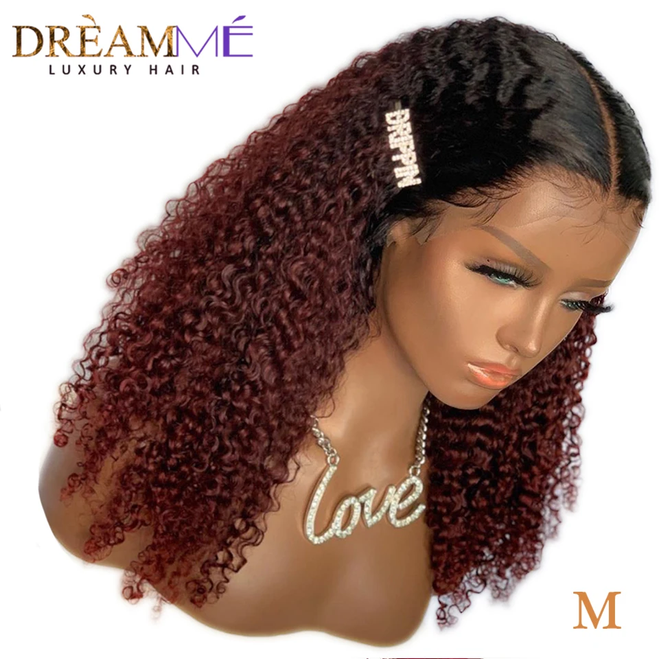 

Ombre Human Hair Kinky Curly Wig Pre Plucked 13X6 Deep Part Lace Front Wig Remy Brazilian 1B/99 Red Short Wig 150% Density M