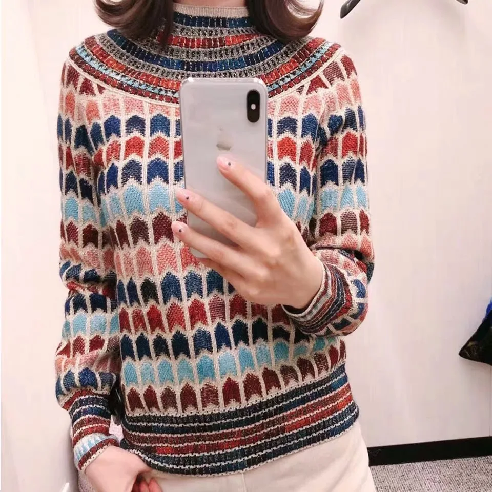 

2019 Autumn Sweater Is A New Product of Famous Socialite Sweater Women Loose Thin Contrast Color Gold Thread Plaid Knit Sweater