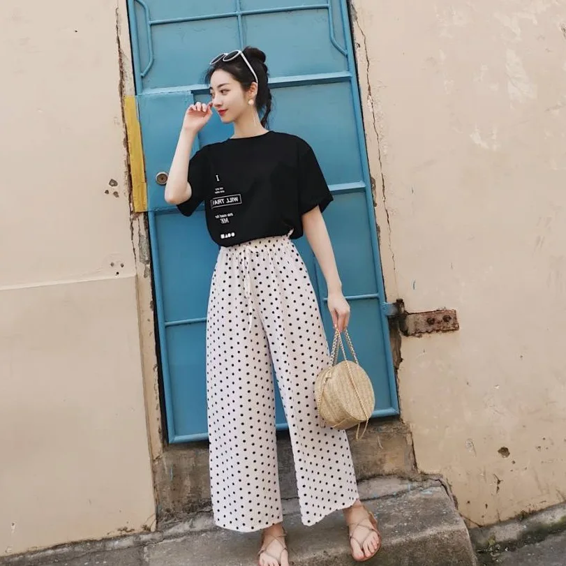 

Photo Shoot CHIC Smell GIRL'S Lettered Short Sleeve T-shirt Loose Bud Chiffon Polka Dot College Style Loose Pants Set