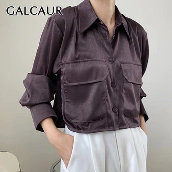 

GALCAUR Casual Shirt For Women Lapel Long Sleeve Pocket High Waist Side Split Short Tops Female 2020 Fall Fashion New Clothing