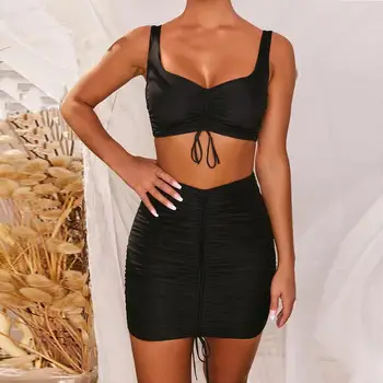 

Lossky Two Piece Set Ruched Bodycon Skirt Women Summer Drawstring Bandage Sundress 2020 New Female Night Party Sexy Mini Skirts