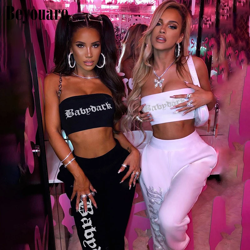 

Beyouare Sexy Diamond Letter Two Piece Outfit Set Tube Tops And Jogger Cotton Sweatpant Streetwear Casual Summer Women Clothing