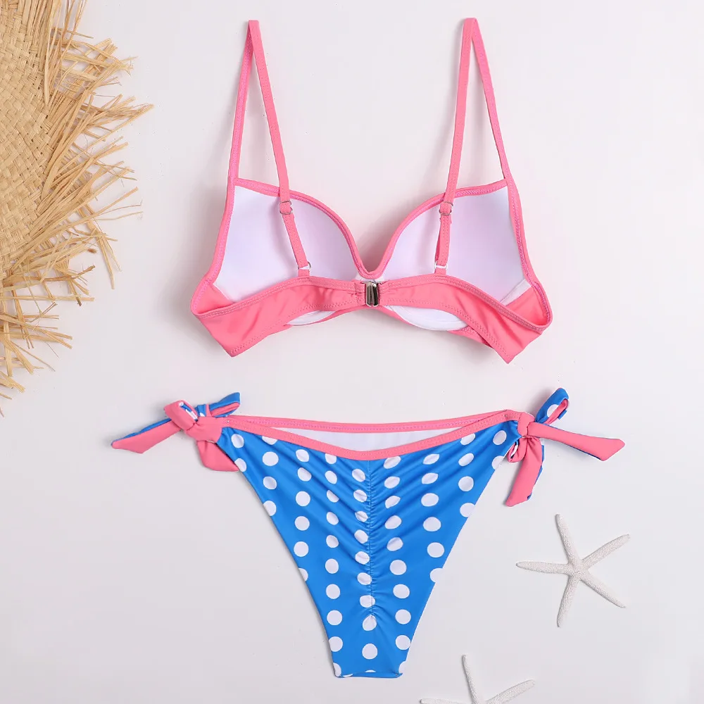 2020 Bikini Set Halter Swimwear Women Dot Solid Color Swimsuit Side Bandage Bathing Suit Beachwear Push Up Sexy Bikini