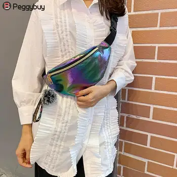 

Women Multicolor Laser Waist Bag PU Leather Chest Bags Pompom Fanny Chest Belt Outdoor Casual Pouch