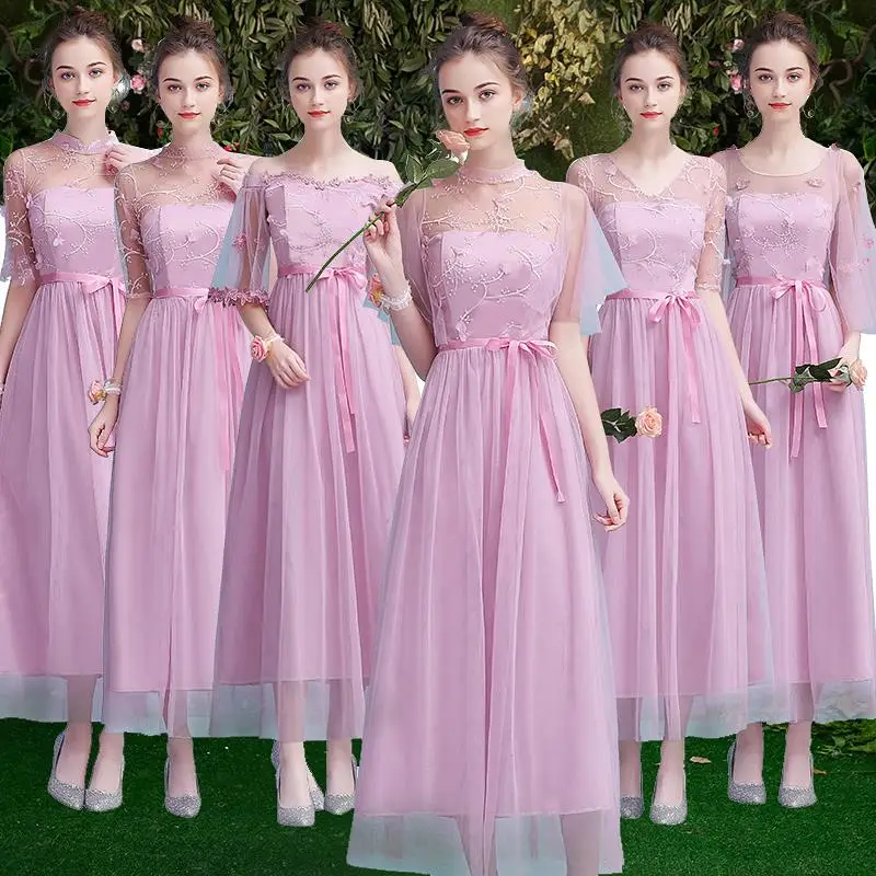 

Wedding Party Elegant Long Dress Bridesmaid Short Sleeve Tulle Thin A-Line Graduation Long Simple Princess Eve Prom Dresses