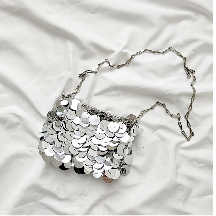 Luxury Women Bags Designer Silver Metal Sequins Chain Woven Bag