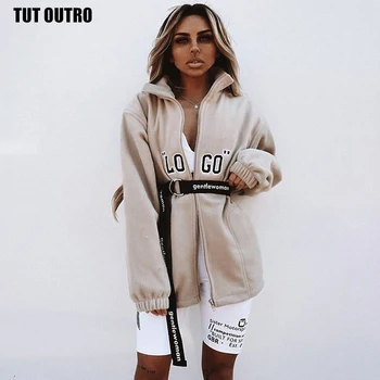 

Autumn Winter Faux Fur Jacket Coat Women Solid Zipper Letter Keep Warm Coat Ladies Long Sleeve Loose Plush Coat