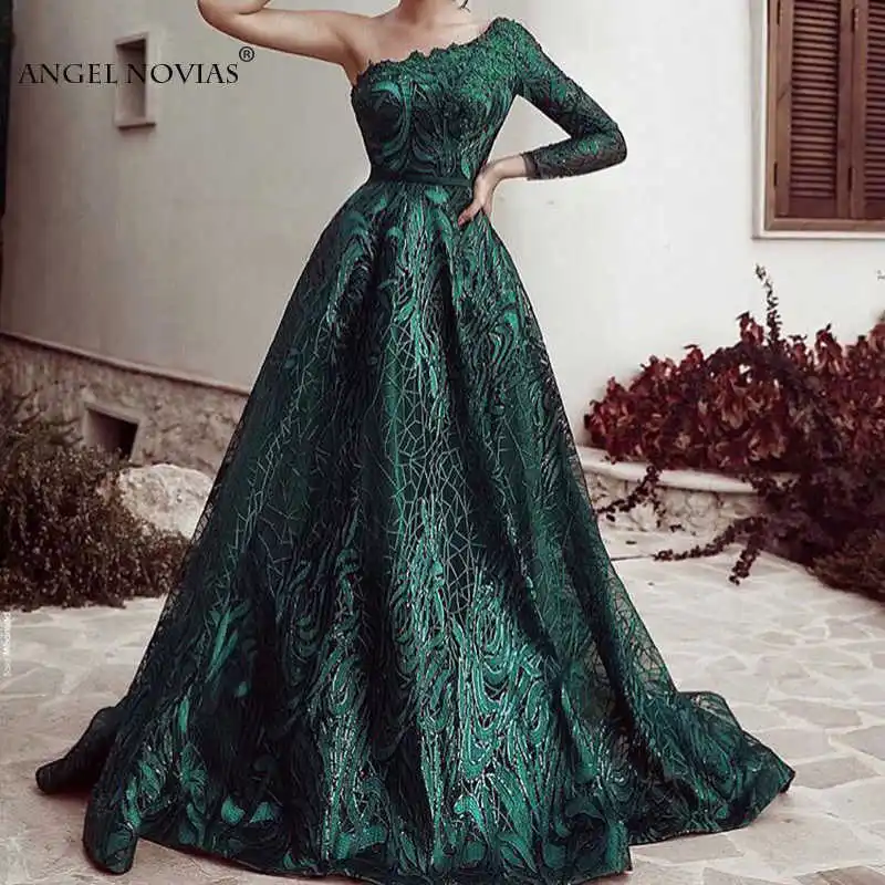ANGEL NOVIAS элегантное зеленое кружевное вечернее платье с длинным рукавом на одно плечо Abendkleider, арабское элегантное вечернее платье