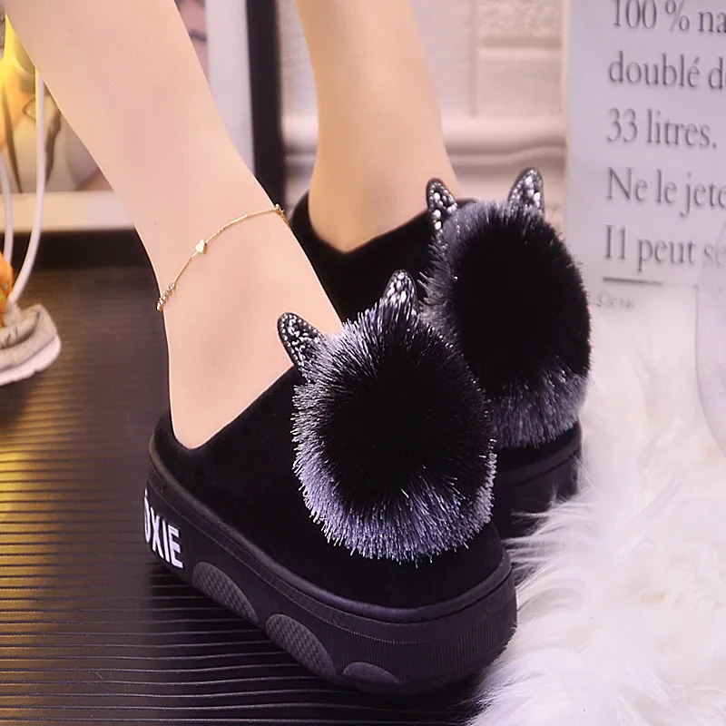 Fujin Winter Slippers Platform Warm Shoes Indoor for Women Bowtie Fashion Design Plush Creeper Moccasins Winter Shoes Women - Цвет: 1915 black