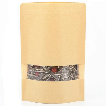 

100Pcs Brown Stand Up Kraft Paper Zip Lock Bags with Clear Window,Reclosable Doypack Pouches Zipper Grip Seal Packaging