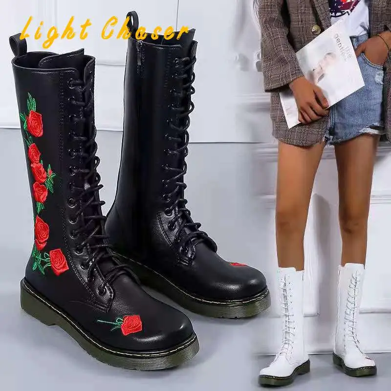 Spring Autumn Booties Female Plus Size 35-43 Sexy High Boots Knee-high Pu Boots Embroidered High Heels For Women Fashion Shoes