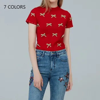 

Cute 3D Bowknot T Shirt Women 2020 Summer New Kawaii Knitted O-neck Short-sleeved T-shirt Slim Women's Tops Tee Woman Clothes