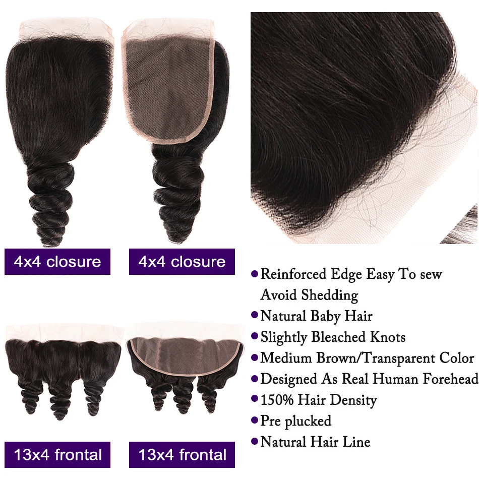 Loose Wave Bundles With Closure 100% Human Hair Loose Wave 2/3 Bundles With Frontal Brazilian Hair Weave Closure