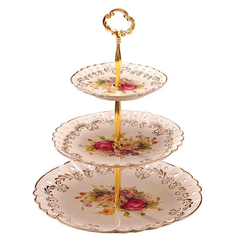 Luxury Ceramic Three-tier Dim Sum Shelf Flower English Tray Multi