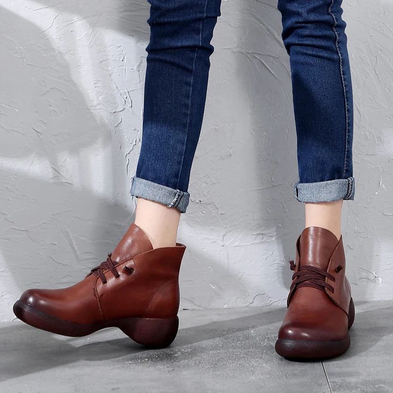 

botines mujer 2020 platform brown spring autumn ankle boots for women genuine leather lace up shoes woman round toe schuhe TSDFC