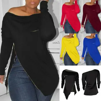 

Women Long Sleeve Asymmetrical Top Blouse Leopard High Low Hem Baggy Zipper Slit Solid Color