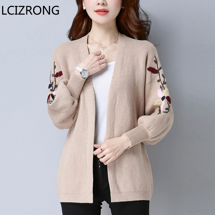 

Fashion Floral Embroidery Knitted Cardigans Women Loose Long Lantern Sleeve Sweaters Korean Thin Knitting Coat Female Winter