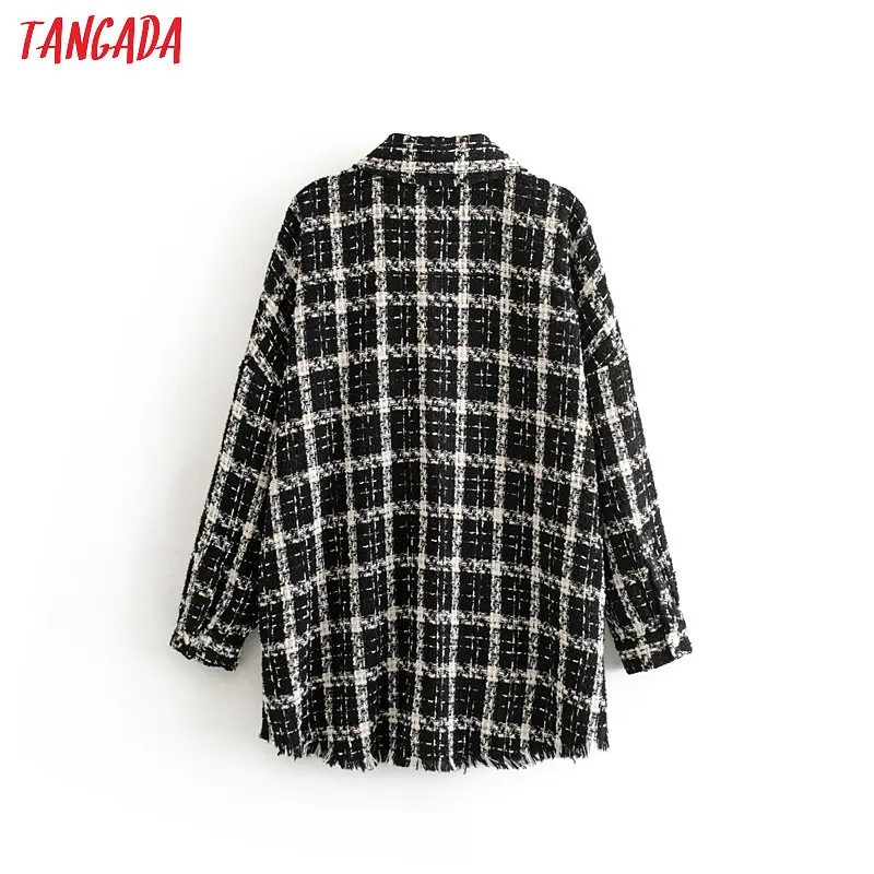 Tangada женская черная клетчатая негабаритная твидовая куртка с кисточками карманами Свободный стиль пальто с длинными рукавами женская верхняя одежда 3H420