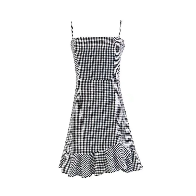 

2018 Spring Black And White Plaid Dress Strapped Dress Base Skirt 9206