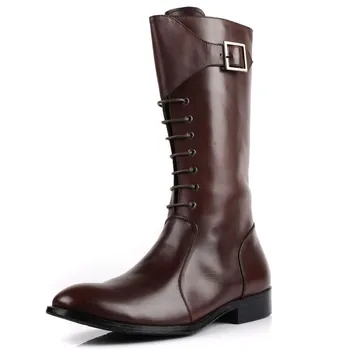 

New Winter Mens 2020 Lace Up Military Real Leather Motor Riding Safety Shoes Block Heels Buckle High Top Biker Boots