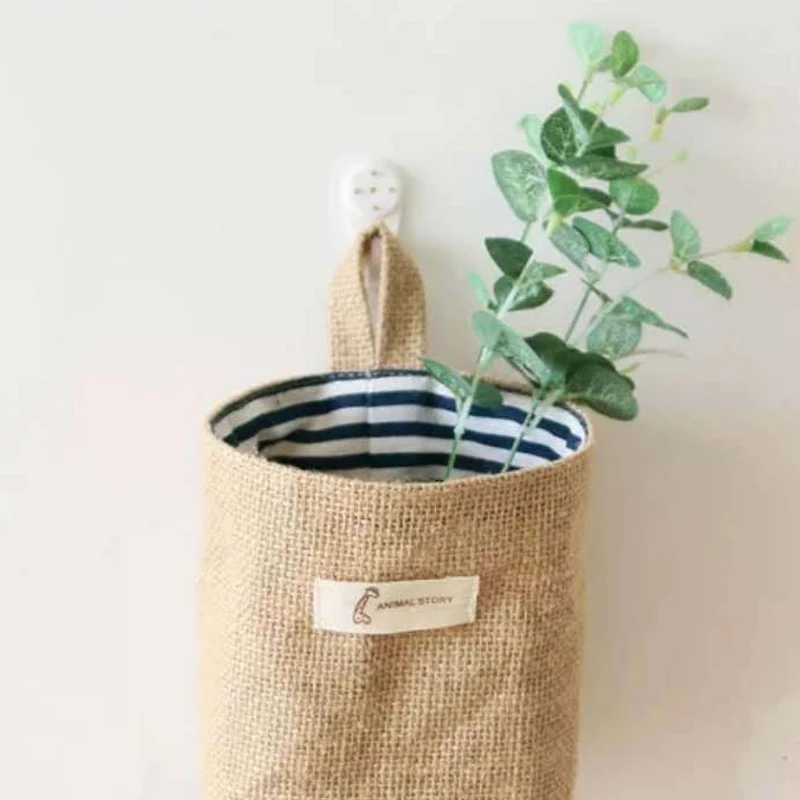 

Bags Natural Jute Home Storage Living Room Hanging Bag Desktop Sundries Storage Box Cotton Linen Basket with Handle Organization