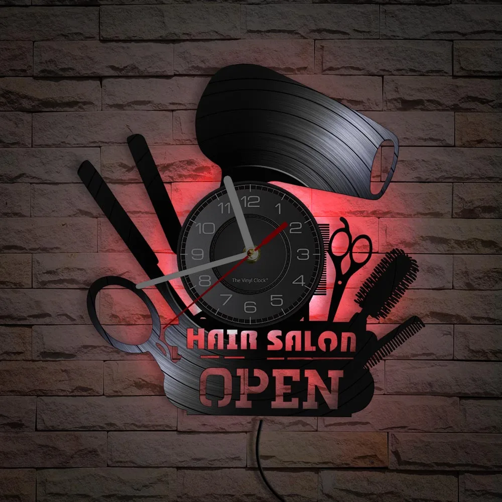 Hair Salon Open Modern Vinyl Record Wall Clock Hairdressing Tools Laser Cut Longplay Wall Watch GIfts For Hair Stylists & Shops