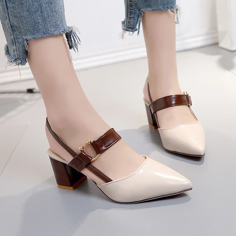 

Europe And America Pointed Toe Chunky Heel Cool GIRL'S High-Heel Straight-line Buckle Closed-toe Versitile Fashion WOMEN'S Sanda