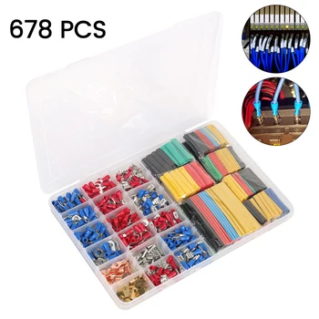 

678pcs Heat Shrink Tube Sleeving Kit Wire Crimp Terminals Connectors Wire Electrical Terminals Crimp Connectors with Plastic Box
