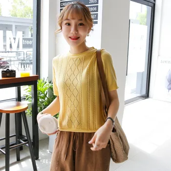 

TVVOVVIN NEW Fashion Womens Summer Bead Beading Thin Knitting Tops Short Sleeve Shirt Girl Female Pullovers N009