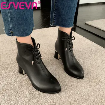 

ESVEVA 2021 Zipper Pointed Toe Square Med Heel PU Leather Ankle Boots Women Boots Shoes Western Style Black Boots Size 34-43
