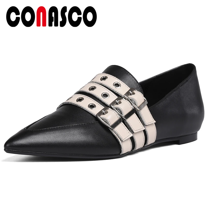 

CONASCO Spring Summer New Arrival Women Cow Leather Flats Pointed Toe Metal Buckle Strap Shoes Comfortable Casual Shoes Woman