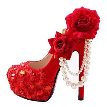 

High Heels 14cm Platform Red Women Wedding Shoes Bride Rose Flowers Pumps Pearl Chain Ladies Sexy Party Shoes Women Footwear