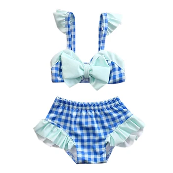 

2020 Baby Girl Swimwear Two-Piece Bow Shape Plaid Print Bikini Set Summer Swimsuit cute Beachwear
