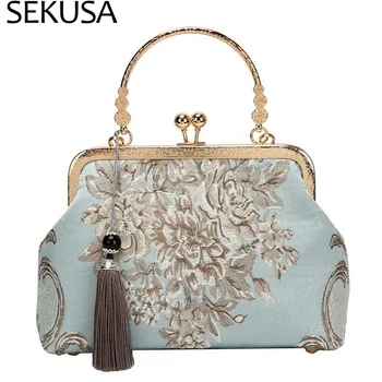 

Tassel women clutch bag printed flower vintage style evening bags bucket design ladies party handbags