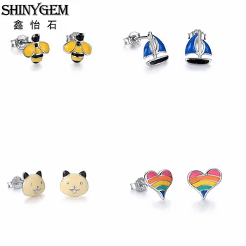 

ShinyGem Lovely 925 Sterling Silver Stud Earrings Cute Bear/Bee/Heart/Boat Fashion Earrings Korean Earrings Gifts For Women 2020