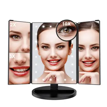 

LANGRIA Trifold LED Lighted Makeup Mirror with 10X Magnification Dimmable Vanity Mirror Removable Base z180° Rotatable Portable