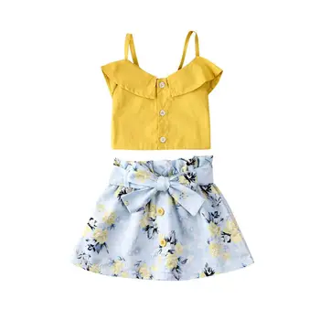 

2020 Toddler Kid Baby Girl Clothes Ruffle Sling Tops Yellow Vest+Bow Floral Shorts Skirt Outfits Summer 2Pcs Children Set 1-5Y